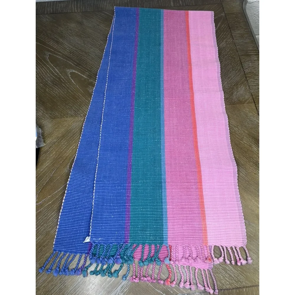 VTG Pier 1 Woven Table Runner Striped Pink Green Blue Purple Fringe Boho 14